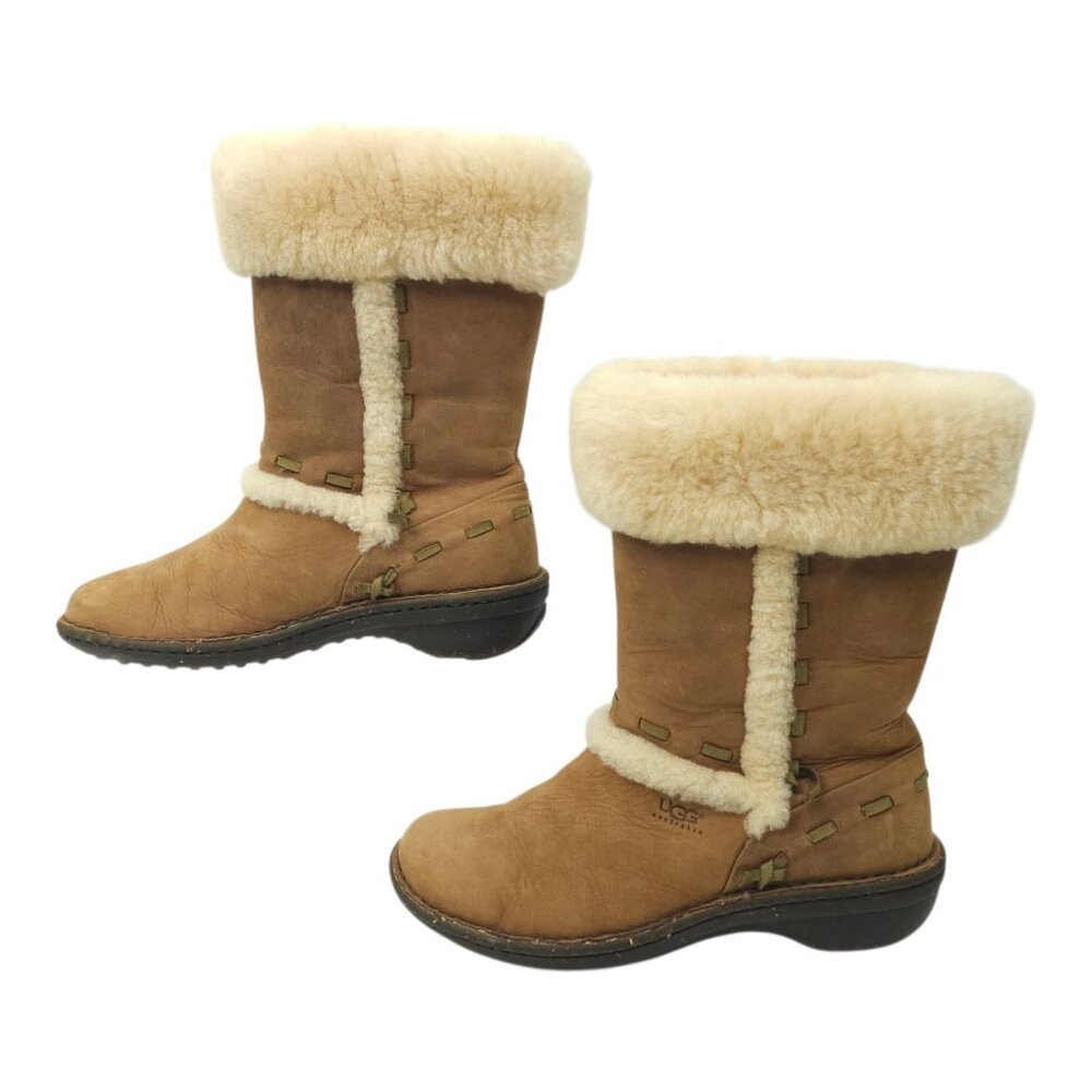 Ugg Australia Elijo Leather Boots Womens Size 7 Sheepskin Shearling Cuff F8008H